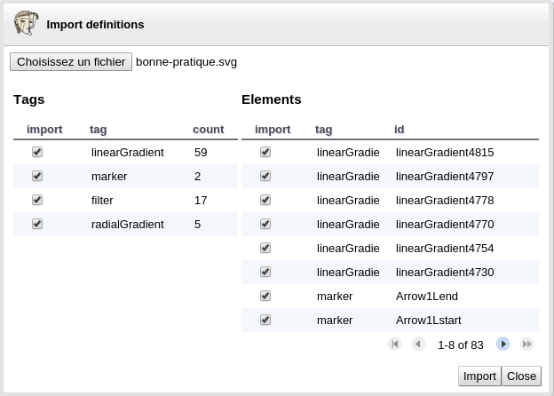 Import definitions panel